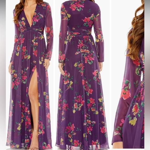 Mac Duggal Dresses & Skirts - NWOT Mac Duggal plum floral long sleeve plunge gown